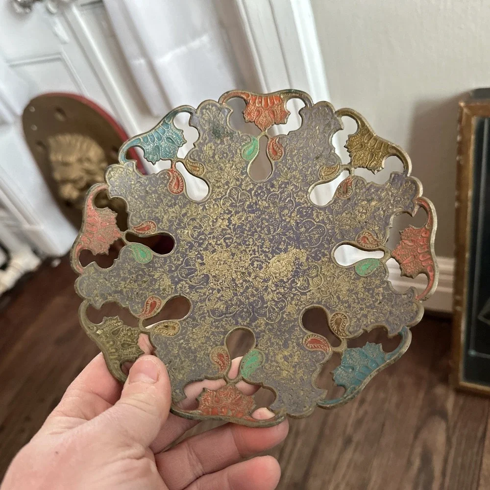 Vintage 1950's Brass Enameled Openwork Bowl Plant Stand From India